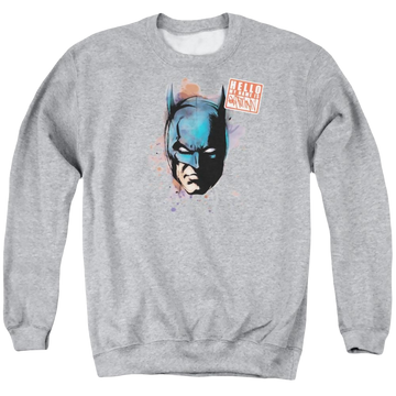 Athletic heather men's crewneck sweatshirt with Batman Hello graphic