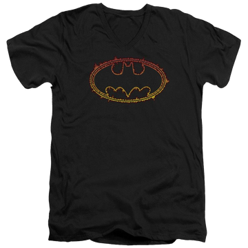 Black men's v-neck t-shirt with Batman Flame Outlined Logo graphic