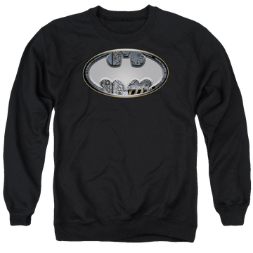 Black men's crewneck sweatshirt with Batman Steel Wall Shield graphic