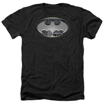 Charcoal men's heather t-shirt with Batman Steel Wall Shield graphic