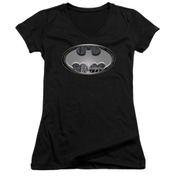 Batman Steel Wall Shield - Juniors V-Neck T-Shirt Juniors V-Neck T-Shirt Batman   