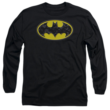 Black men's long sleeve t-shirt with Batman Bats In Logo graphic