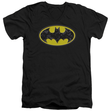 Black men's v-neck t-shirt with Batman Bats In Logo graphic