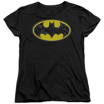 Black women's t-shirt with Batman Bats In Logo graphic
