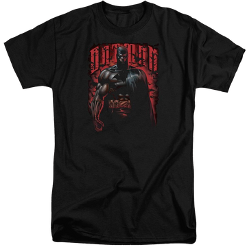 Black men's tall fit t-shirt with Batman Red Knight graphic