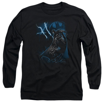 Black men's long sleeve t-shirt with Batman Lightning Strikes graphic