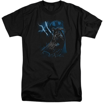 Black men's tall fit t-shirt with Batman Lightning Strikes graphic