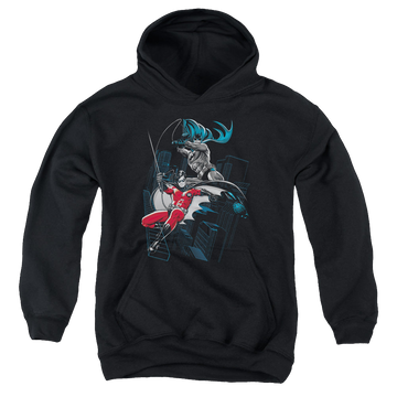 Black youth hoodie for ages 8 to 12 with Batman Robin Black And White graphic