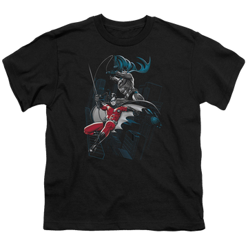 Black youth t-shirt for ages 8 to 12 with Batman Robin Black And White graphic