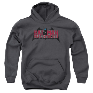 Charcoal youth hoodie for ages 8 to 12 with DC Batman Dark Detective graphic