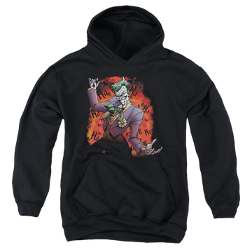 Black youth hoodie for ages 8 to 12 with Jokers Ave graphic