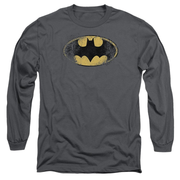 Charcoal men's long sleeve t-shirt with Batman Destroyed Logo graphic