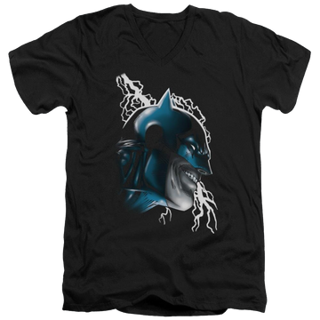 Black men's v-neck t-shirt with Batman Crazy Grin graphic