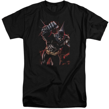 Black men's tall fit t-shirt with Batman Crimson Knight graphic
