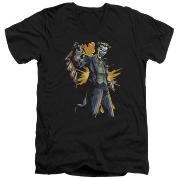 Black men's v-neck t-shirt with Batman Joker Bang graphic