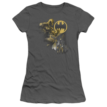 Charcoal juniors t-shirt with Batman Bat Signal graphic