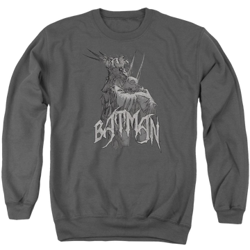 Charcoal men's crewneck sweatshirt with Batman Scary Right Hand graphic