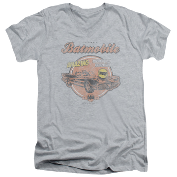 Athletic heather men's v-neck t-shirt with Batman Amazing Batmobile graphic