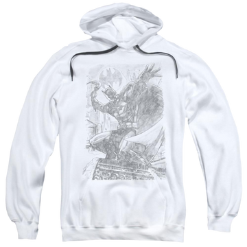 White pullover hoodie with Batman Pencil Batarang Throw graphic