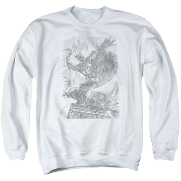 White men's crewneck sweatshirt with Batman Pencil Batarang Throw graphic