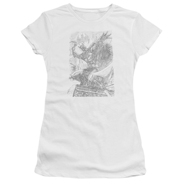 White juniors t-shirt with Batman Pencil Batarang Throw graphic