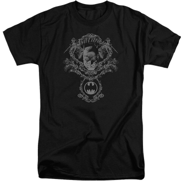 Black men's tall fit t-shirt with Batman Dark Knight Heraldry graphic