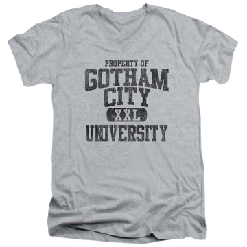 Athletic heather men's v-neck t-shirt with Batman Property Of Gcu graphic