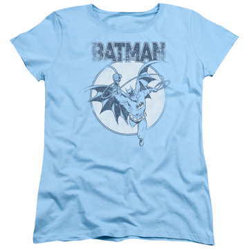 Light blue women's t-shirt with Dc Batman Swinging Bat graphic