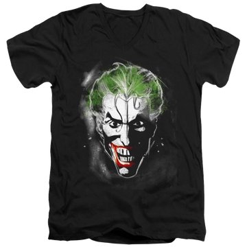 Black men's v-neck t-shirt with Joker Face Of Madness graphic