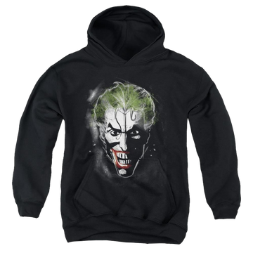 Black youth hoodie for ages 8 to 12 with Joker Face Of Madness graphic
