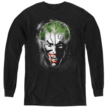 Black youth long sleeve t-shirt with Joker Face Of Madness graphic