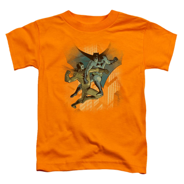 Orange toddler t-shirt with Dc Batman Batman Vs Catman graphic