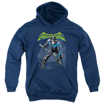 Navy youth hoodie for ages 8 to 12 with Nightwing graphic