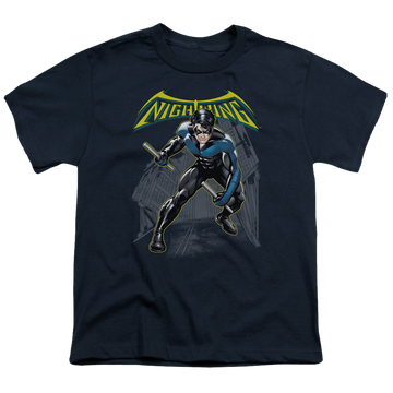 Navy youth t-shirt for ages 8 to 12 with Nightwing graphic