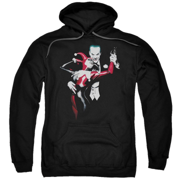 Black pullover hoodie with Harley Quinn Batman Harley And Joker graphic