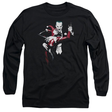 Black men's long sleeve t-shirt with Harley Quinn Batman Harley And Joker graphic