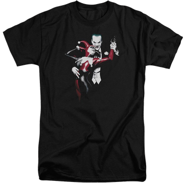 Black men's tall fit t-shirt with Harley Quinn Batman Harley And Joker graphic