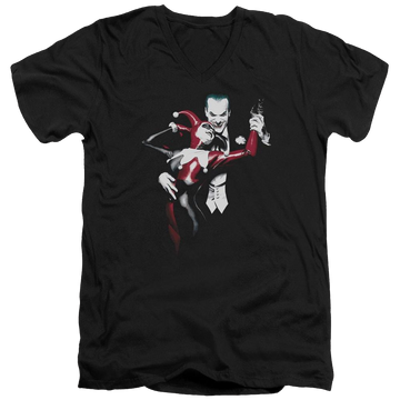 Black men's v-neck t-shirt with Harley Quinn Batman Harley And Joker graphic