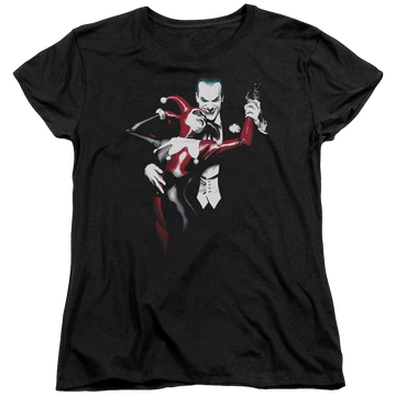 Black women's t-shirt with Harley Quinn Batman Harley And Joker graphic