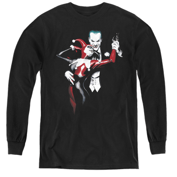 Black youth long sleeve t-shirt with Harley Quinn Harley And Joker graphic