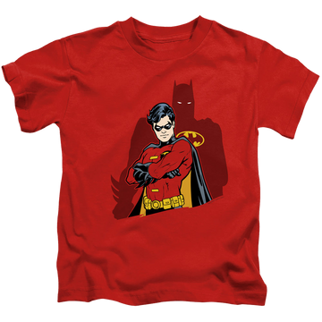 Red kid's t-shirt for ages 4 to 7 with Batman Robin Wingman graphic