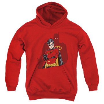 Red youth hoodie for ages 8 to 12 with Batman Robin Wingman graphic