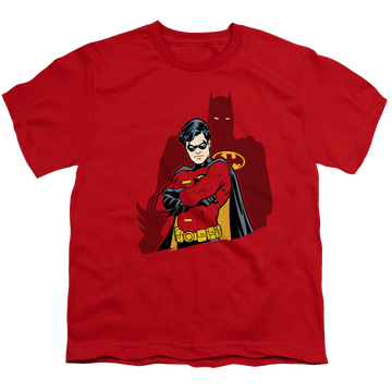 Red youth t-shirt for ages 8 to 12 with Batman Robin Wingman graphic