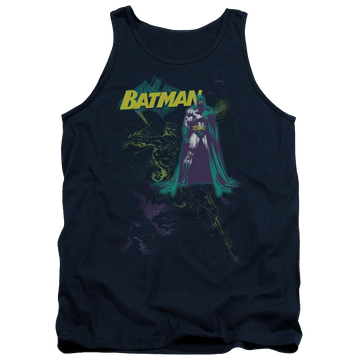 Navy men's tank with Batman Bat Spray graphic