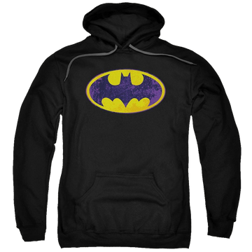 Black pullover hoodie with Batman Bm Neon Distress Logo graphic
