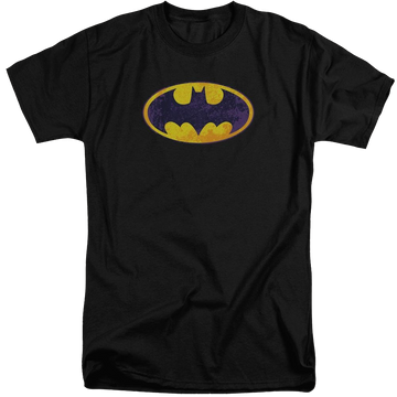Black men's tall fit t-shirt with Batman Bm Neon Distress Logo graphic