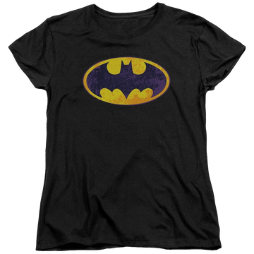 Black women's t-shirt with Batman Bm Neon Distress Logo graphic