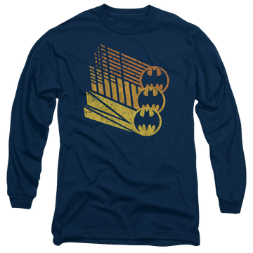 Navy men's long sleeve t-shirt with Batman Bat Signal Shapes graphic