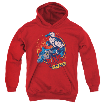 Red youth hoodie for ages 8 to 12 with Bane Attack! graphic