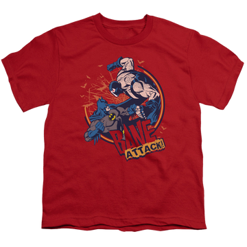Red youth t-shirt for ages 8 to 12 with Bane Attack! graphic